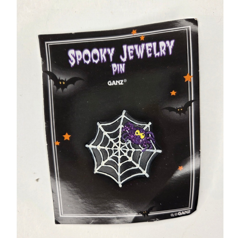 Ganz Spooky Jewelry Pin Halloween Purple Glitter Spiderweb on Web Brooch